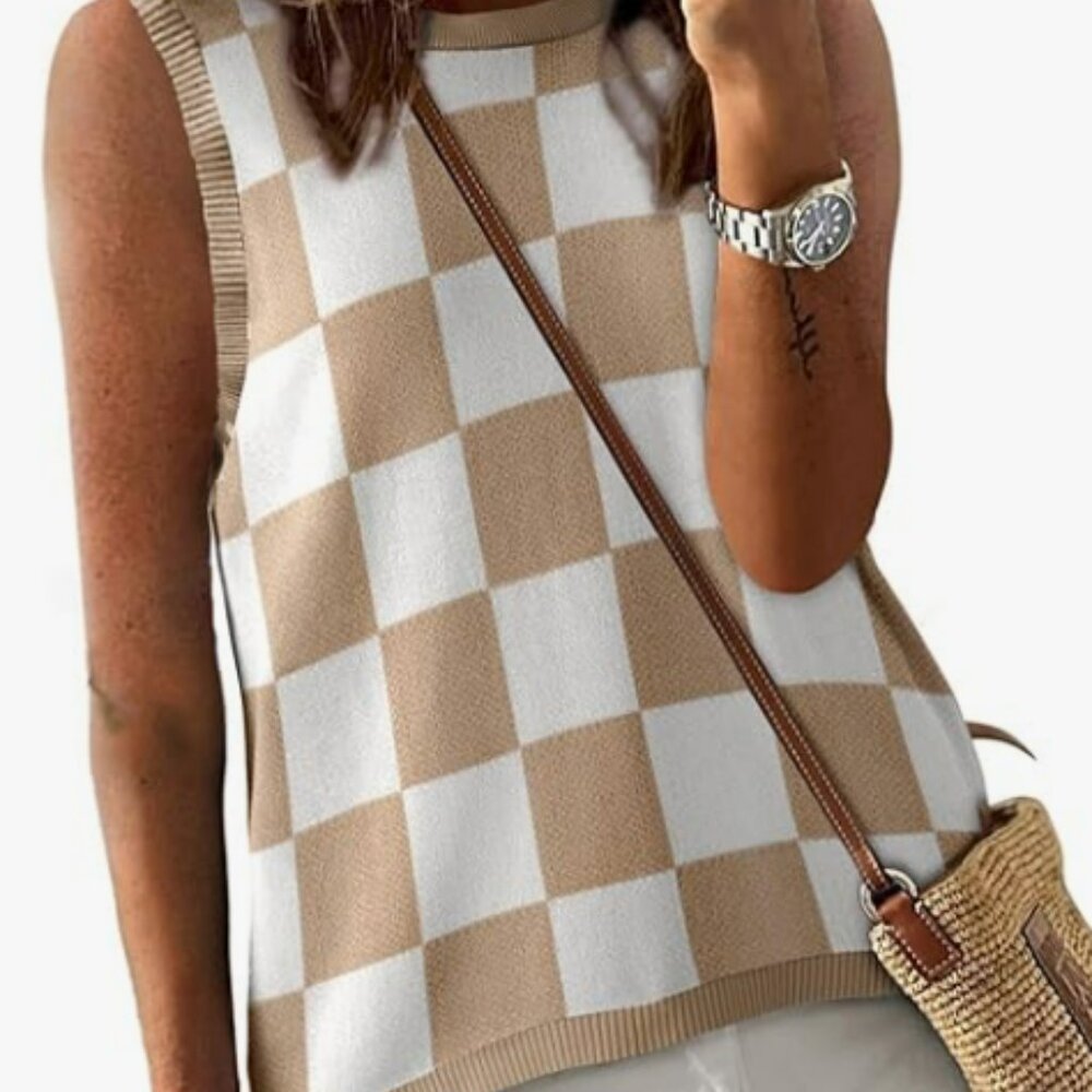 Womens Summer Casual Striped Color Block Tank Sweater - Medium Tan and White